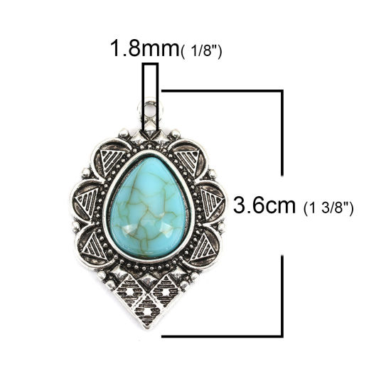 Picture of Zinc Based Alloy & Acrylic Boho Chic Bohemia Pendants Marquise Antique Silver Color Green Blue Carved Pattern Imitation Turquoise 36mm x 25mm, 5 PCs