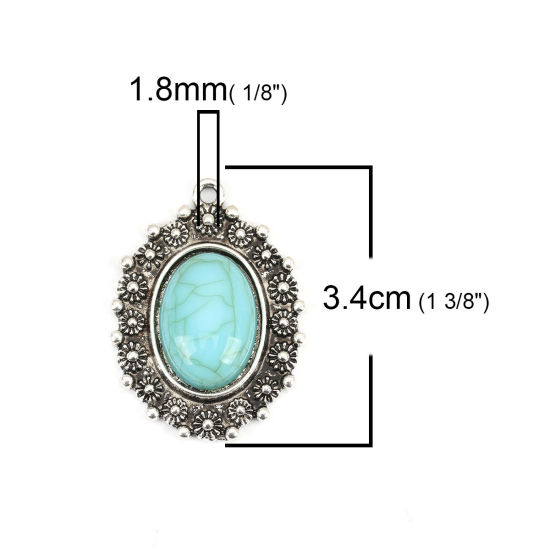 Picture of Zinc Based Alloy & Acrylic Boho Chic Bohemia Pendants Oval Antique Silver Color Green Blue Imitation Turquoise 34mm x 25mm, 5 PCs