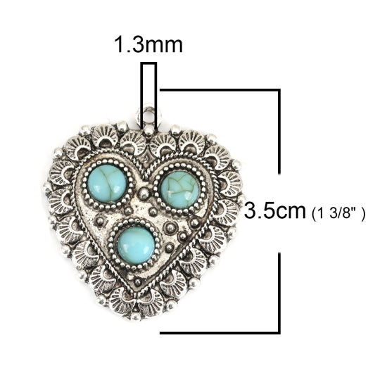 Picture of Zinc Based Alloy & Acrylic Boho Chic Bohemia Pendants Heart Antique Silver Color Green Blue Carved Pattern Imitation Turquoise 35mm x 32mm, 5 PCs