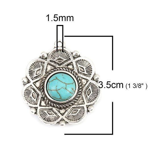 Picture of Zinc Based Alloy & Acrylic Boho Chic Bohemia Pendants Flower Antique Silver Color Green Blue Carved Pattern Imitation Turquoise 35mm x 31mm, 5 PCs