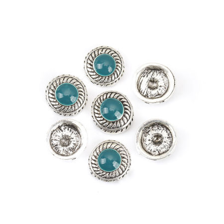 Immagine di Lega di Zinco Perline Due Fori Tondo Piatto Argento Antico Blu Pavone Smalto Circa 12mm Dia, Foro:Circa 1.1mm, 10 Pz