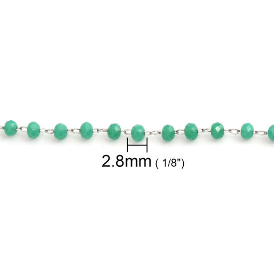 Picture of 1 M 304 Stainless Steel Beaded Chain For Handmade DIY Jewelry Making Findings Silver Tone Green 3.5x2.8mm