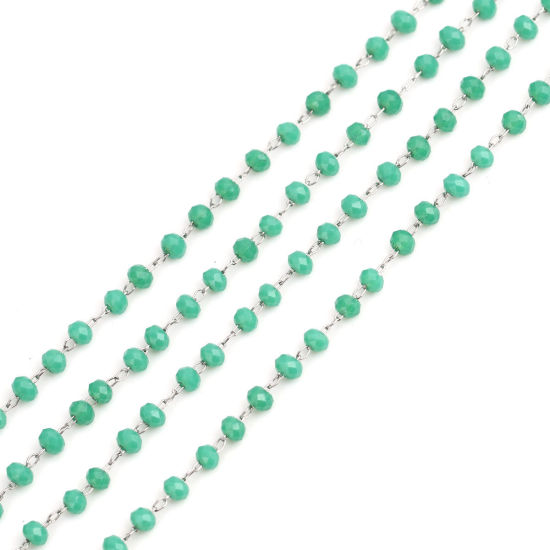 Picture of 1 M 304 Stainless Steel Beaded Chain For Handmade DIY Jewelry Making Findings Silver Tone Green 3.5x2.8mm