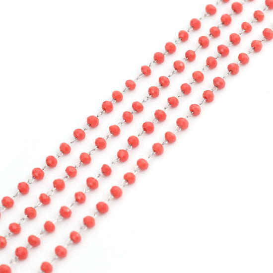 Picture of 1 M 304 Stainless Steel Beaded Chain For Handmade DIY Jewelry Making Findings Silver Tone Dark Red 3.5x2.8mm