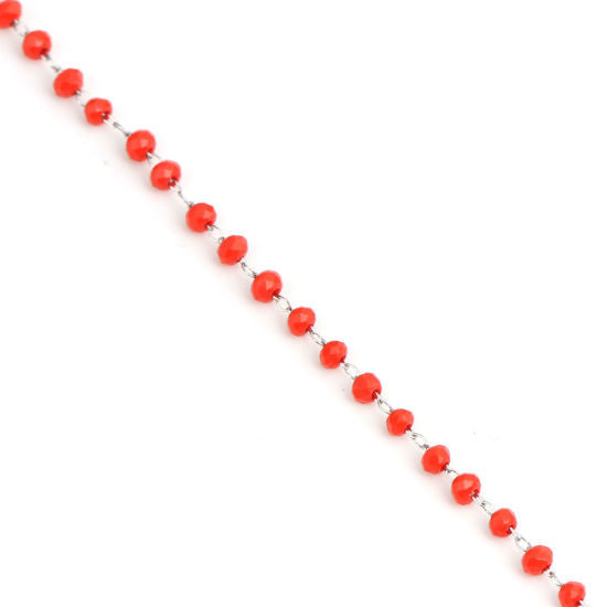 Picture of 1 M 304 Stainless Steel Beaded Chain For Handmade DIY Jewelry Making Findings Silver Tone Red 3.5x2.8mm