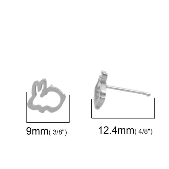 Picture of 304 Stainless Steel Ear Post Stud Earrings Silver Tone Rabbit Animal 9mm x 8mm, Post/ Wire Size: (20 gauge), 1 Pair