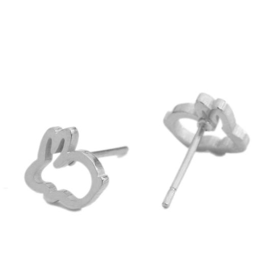 Picture of 304 Stainless Steel Ear Post Stud Earrings Silver Tone Rabbit Animal 9mm x 8mm, Post/ Wire Size: (20 gauge), 1 Pair