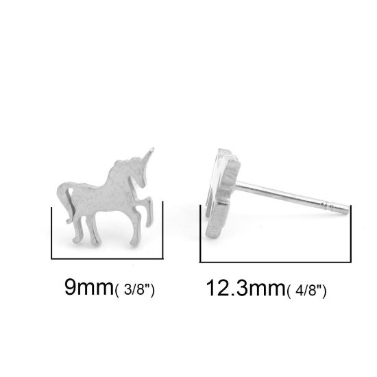 Picture of 304 Stainless Steel Ear Post Stud Earrings Silver Tone Horse Animal 9mm x 8mm, Post/ Wire Size: (20 gauge), 1 Pair