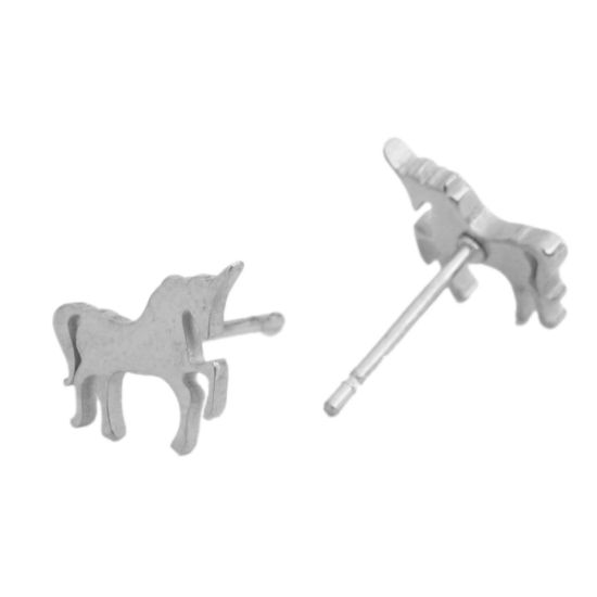 Picture of 304 Stainless Steel Ear Post Stud Earrings Silver Tone Horse Animal 9mm x 8mm, Post/ Wire Size: (20 gauge), 1 Pair