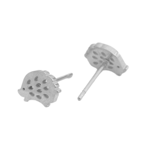 Picture of 304 Stainless Steel Ear Post Stud Earrings Silver Tone Hedgehog 9mm x 7mm, Post/ Wire Size: (20 gauge), 1 Pair