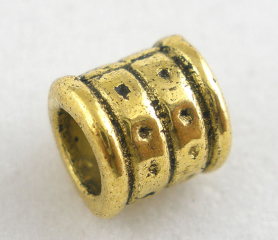 Picture of Zinc Based Alloy European Style Large Hole Charm Beads Tube Gold Tone Antique Gold Stripe Carved 6x6mm, 80 PCs