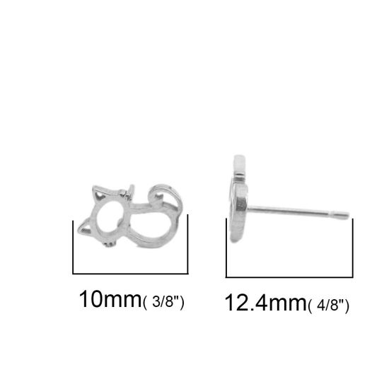 Picture of 304 Stainless Steel Ear Post Stud Earrings Silver Tone Cat Animal 10mm x 7mm, Post/ Wire Size: (20 gauge), 1 Pair