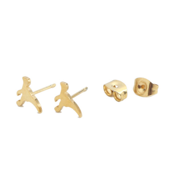 Picture of 304 Stainless Steel Ear Post Stud Earrings Gold Plated Dinosaur Animal 10mm x 6mm, Post/ Wire Size: (20 gauge), 1 Pair