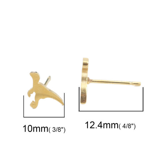 Picture of 304 Stainless Steel Ear Post Stud Earrings Gold Plated Dinosaur Animal 10mm x 6mm, Post/ Wire Size: (20 gauge), 1 Pair