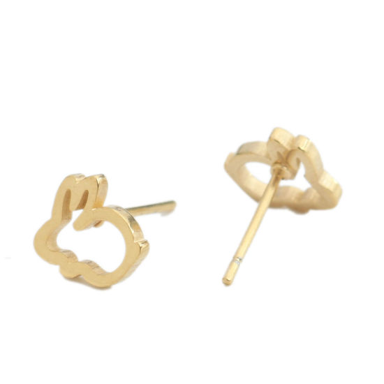 Picture of 304 Stainless Steel Ear Post Stud Earrings Gold Plated Rabbit Animal 9mm x 8mm, Post/ Wire Size: (20 gauge), 1 Pair