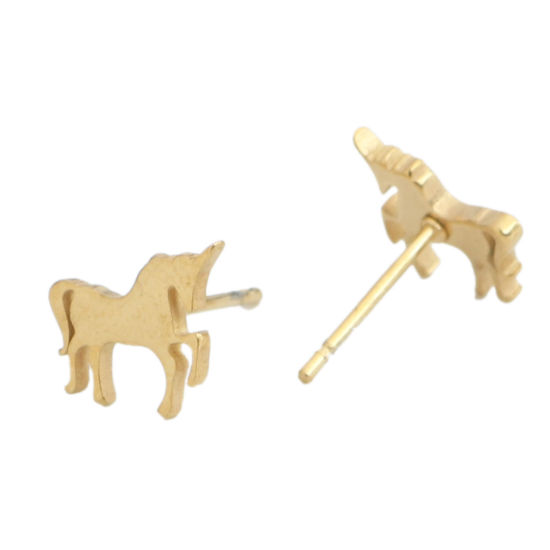 Picture of 304 Stainless Steel Ear Post Stud Earrings Gold Plated Horse Animal 9mm x 8mm, Post/ Wire Size: (20 gauge), 1 Pair