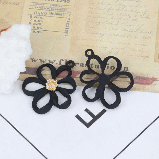 Imagen de Zamak Colgantes Flor Chapado en Oro Negro Pintura 31mm x 25mm, 5 Unidades