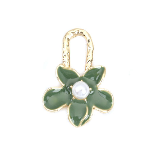 Picture of Zinc Based Alloy & Acrylic Enamel Charms Flower KC Gold Plated Green Imitation Pearl 23mm x 16mm, 5 PCs