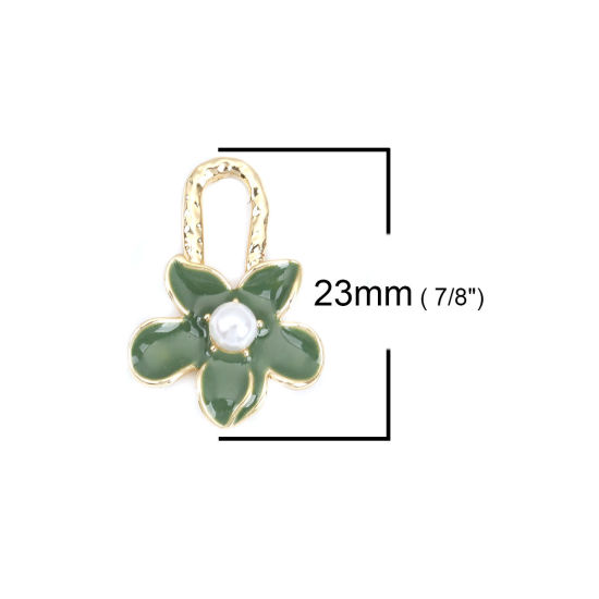 Picture of Zinc Based Alloy & Acrylic Enamel Charms Flower KC Gold Plated Green Imitation Pearl 23mm x 16mm, 5 PCs