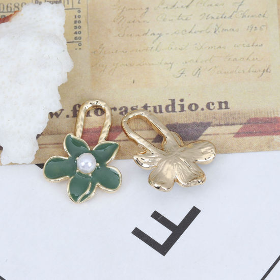 Picture of Zinc Based Alloy & Acrylic Enamel Charms Flower KC Gold Plated Green Imitation Pearl 23mm x 16mm, 5 PCs