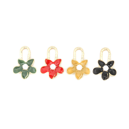 Picture of Zinc Based Alloy & Acrylic Enamel Charms Flower KC Gold Plated Green Imitation Pearl 23mm x 16mm, 5 PCs