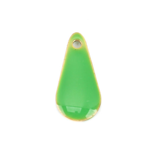 Image de Breloques Sequins Emaillés Double Face en Laiton Goutte d'Eau Couleur Laiton Vert 12mm x 5mm, 10 Pcs