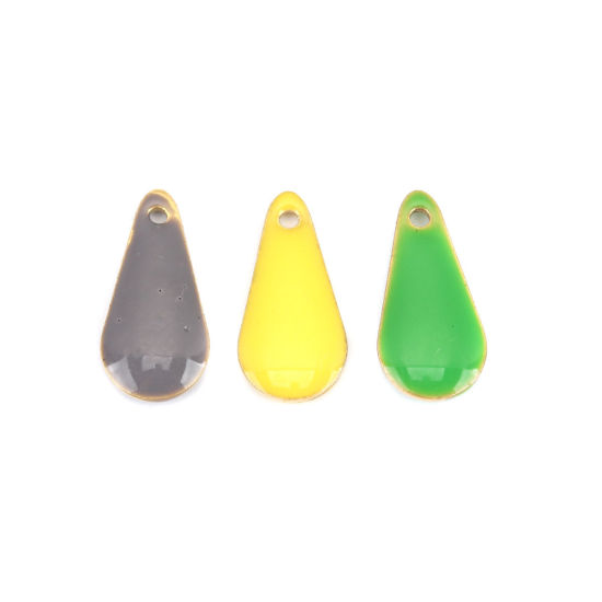 Image de Breloques Sequins Emaillés Double Face en Laiton Goutte d'Eau Couleur Laiton Citron 12mm x 5mm, 10 Pcs