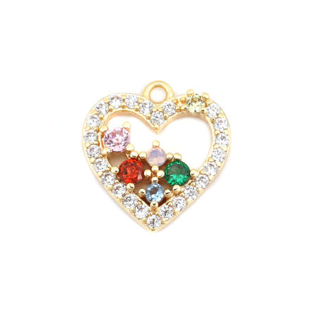 Brass Valentine's Day Charms Gold Plated Heart Hollow Multicolor Rhinestone 12mm x 11mm, 1 Piece