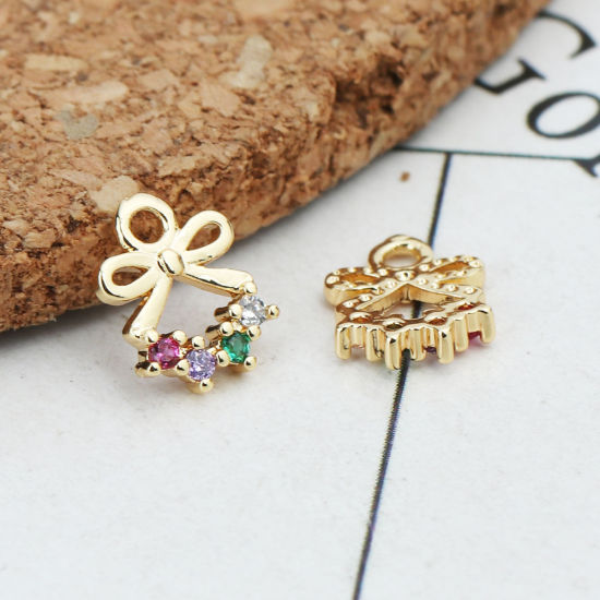Immagine di Ottone Charms Oro Placcato Cravatta a Farfalla Filigrana Multicolore Strass 9mm x 7mm, 2 Pz