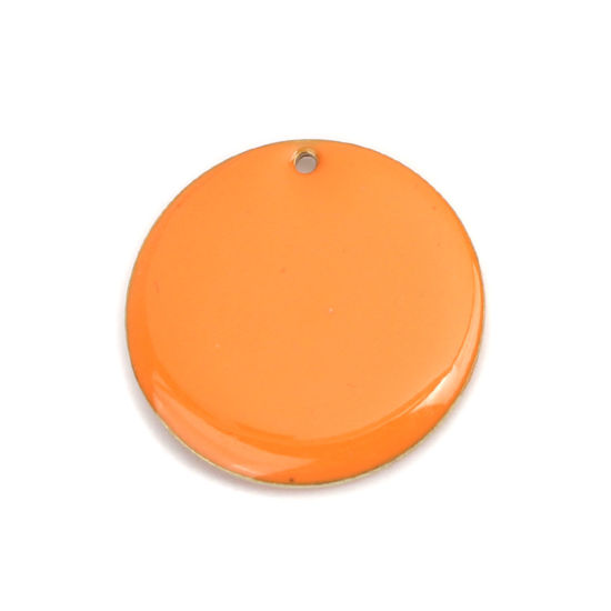 Bild von Messing Emaillierte Pailletten Charms Rund Vergoldet Orange 25mm D., 5 Stück