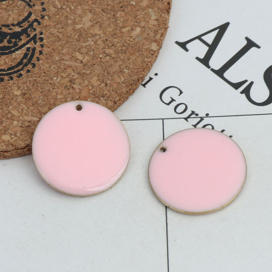 Bild von Messing Emaillierte Pailletten Charms Rund Vergoldet Rosa 25mm D., 5 Stück