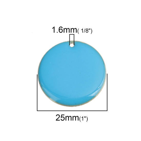 Bild von Messing Emaillierte Pailletten Charms Rund Vergoldet Azurblau 25mm D., 5 Stück