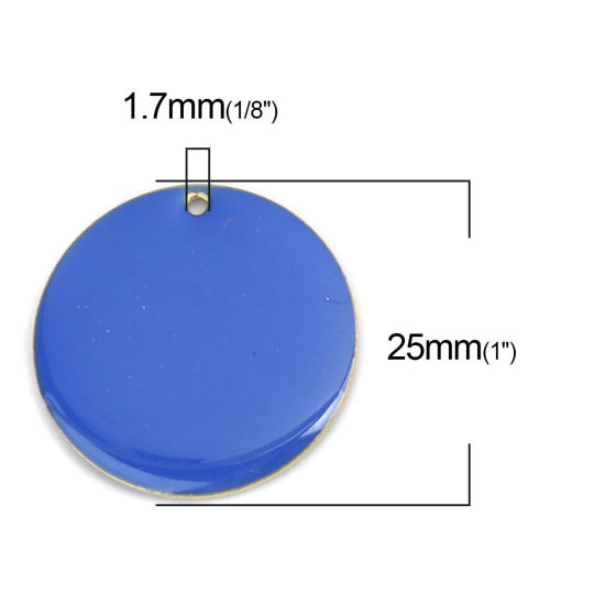 Bild von Messing Emaillierte Pailletten Charms Rund Vergoldet Saphirblau 25mm D., 5 Stück