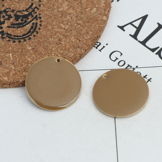 Bild von Messing Emaillierte Pailletten Charms Rund Vergoldet Kaffeebraun 25mm D., 5 Stück