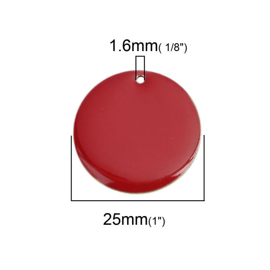 Bild von Messing Emaillierte Pailletten Charms Rund Vergoldet Rot 25mm D., 5 Stück