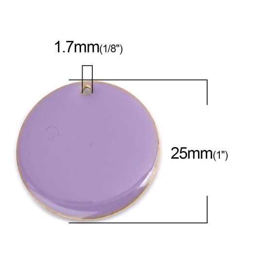 Bild von Messing Emaillierte Pailletten Charms Rund Vergoldet Lila 25mm D., 5 Stück