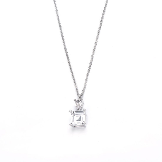 Picture of Stainless Steel & Copper & Glass Necklace Silver Tone Square Drop Clear Rhinestone 45cm(17 6/8") long, 1 Piece