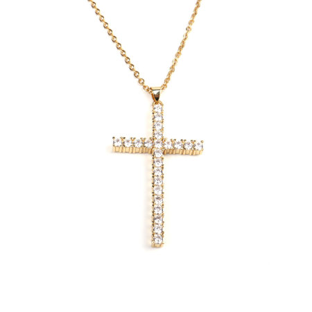 Image de Colliers en Acier Inoxydable & Cuivre Religieux Doré Croix à Zirconia Cubique Clair 45cm Long, 1 Pièce