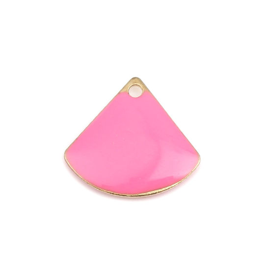 Bild von Messing Emaillierte Pailletten Charms Fächer-Form Vergoldet Neon Pink 13mm x 12mm, 10 Stück