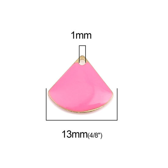 Bild von Messing Emaillierte Pailletten Charms Fächer-Form Vergoldet Neon Pink 13mm x 12mm, 10 Stück