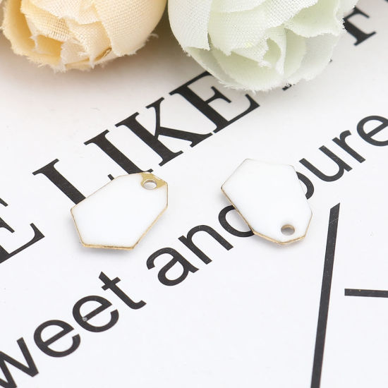 Immagine di Ottone Sequins Smaltati Charms Oro Placcato Bianco Poligono 13mm x 9mm, 10 Pz