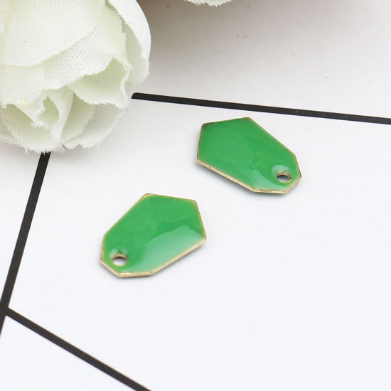 Immagine di Ottone Sequins Smaltati Charms Oro Placcato Erba Verde Poligono 13mm x 9mm, 10 Pz
