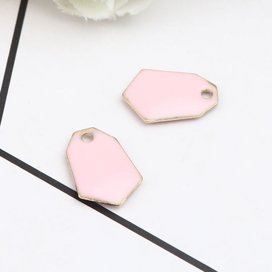 Immagine di Ottone Sequins Smaltati Charms Oro Placcato Rosa Chiaro Poligono 13mm x 9mm, 10 Pz