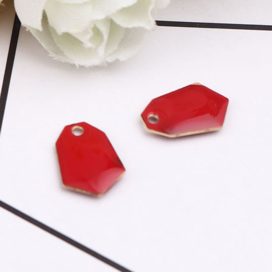 Immagine di Ottone Sequins Smaltati Charms Oro Placcato Rosso Poligono 13mm x 9mm, 10 Pz