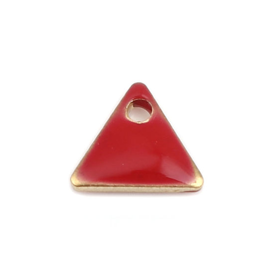 Image de Breloques Sequins Emaillés Double Face en Laiton Triangle Doré Rouge 8mm x 7mm, 10 Pcs