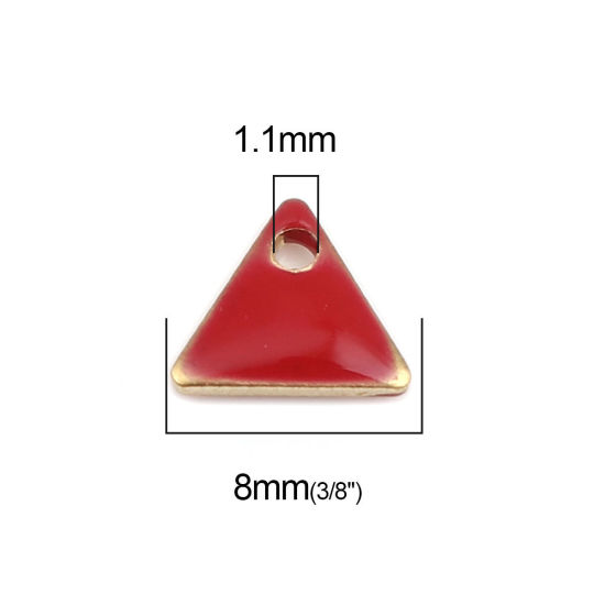 Image de Breloques Sequins Emaillés Double Face en Laiton Triangle Doré Rouge 8mm x 7mm, 10 Pcs