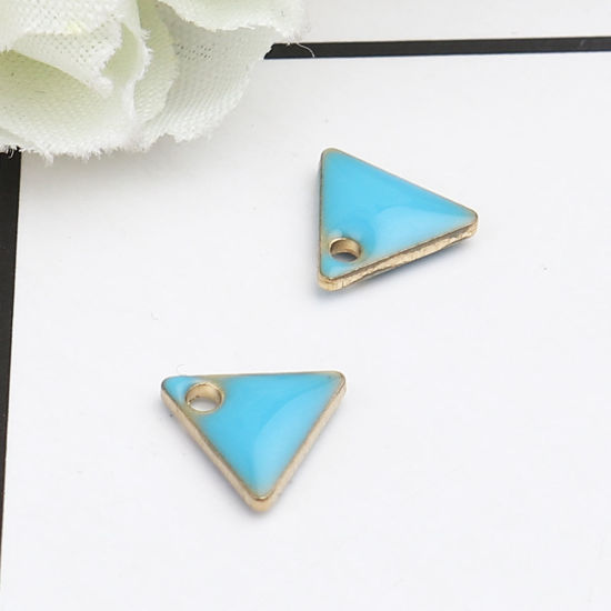 Image de Breloques Sequins Emaillés Double Face en Laiton Triangle Doré Bleu 8mm x 7mm, 10 Pcs