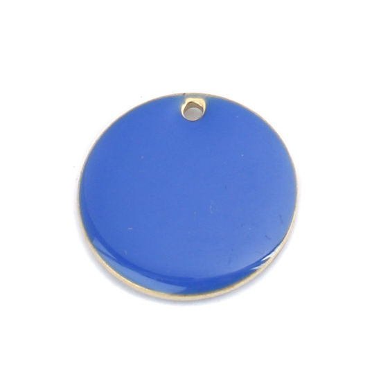 Bild von Messing Emaillierte Pailletten Charms Rund Vergoldet Saphirblau 16mm D., 10 Stück