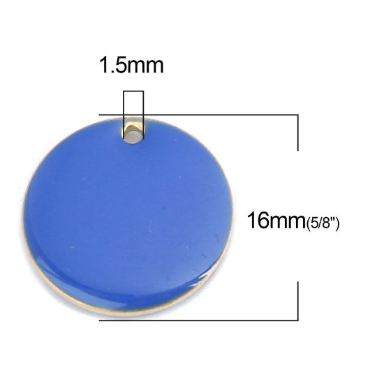 Image de Breloques Sequins Emaillés Double Face en Laiton Rond Doré Saphir 16mm Dia, 10 Pcs