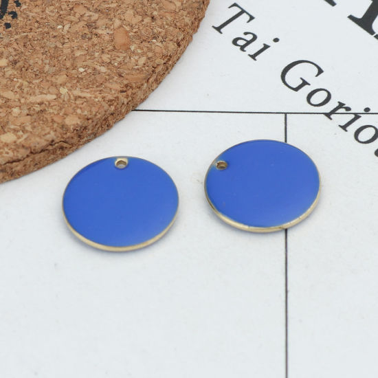 Bild von Messing Emaillierte Pailletten Charms Rund Vergoldet Saphirblau 16mm D., 10 Stück